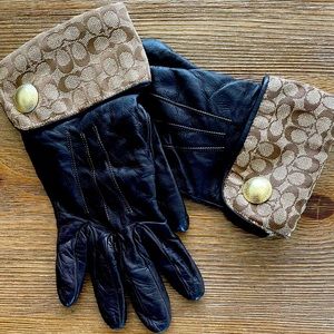 Coach Art Jacquard Cuff Leather Gloves Brown 6.5 S